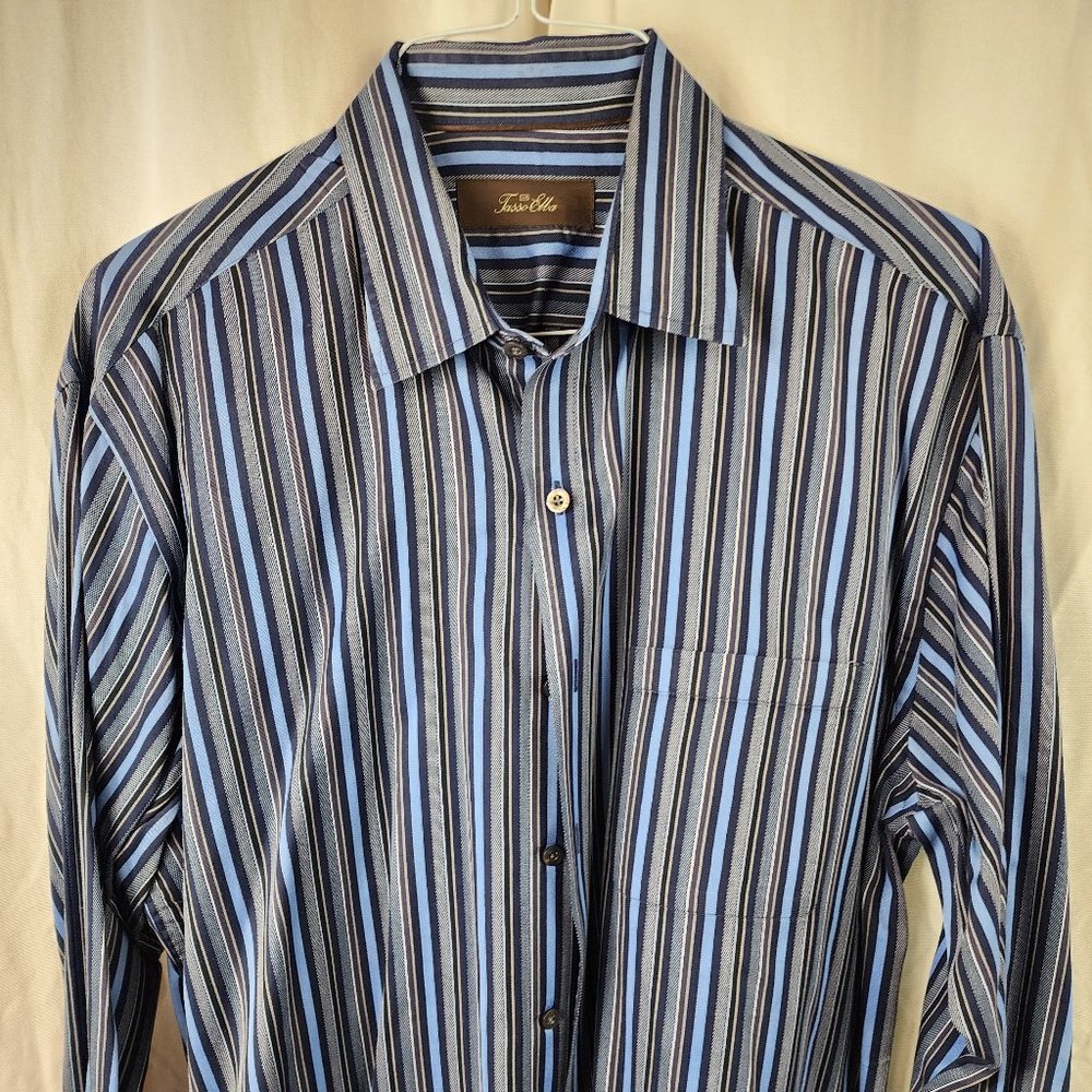 Tasso Elba blue and silver striped dress shirt size Large.